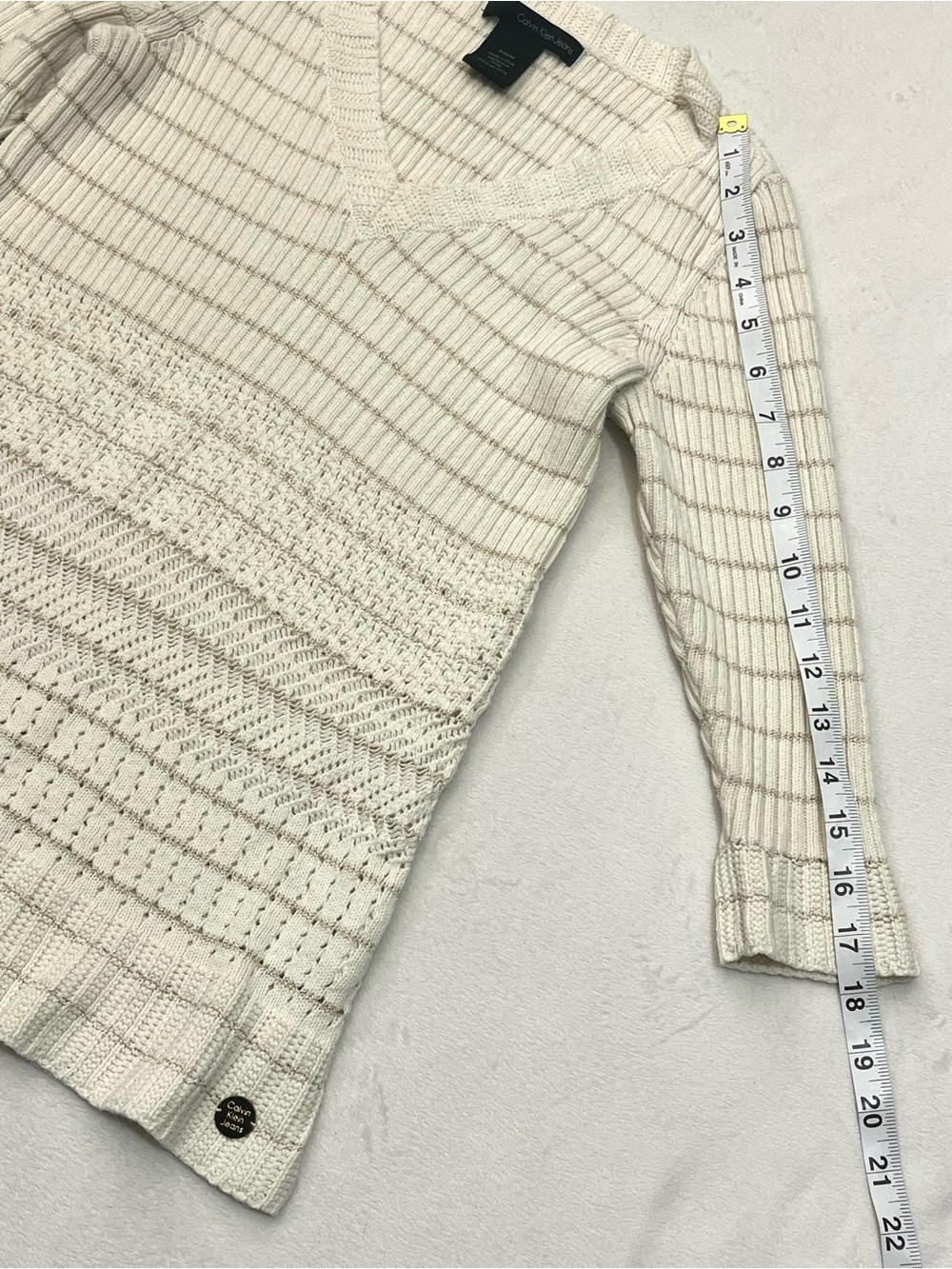 Calvin Klein Women’s 3/4 Sleeve Cream Gold Knit Cotton Blend Sweater Petite Med - Picture 9 of 16